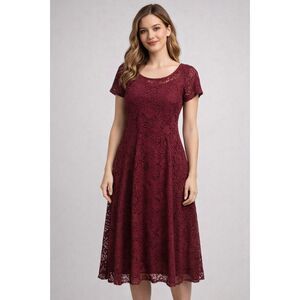 Ronni Nicole Lace Burgundy Red Midi Dress Cocktail Modest Short Sleeve 10
